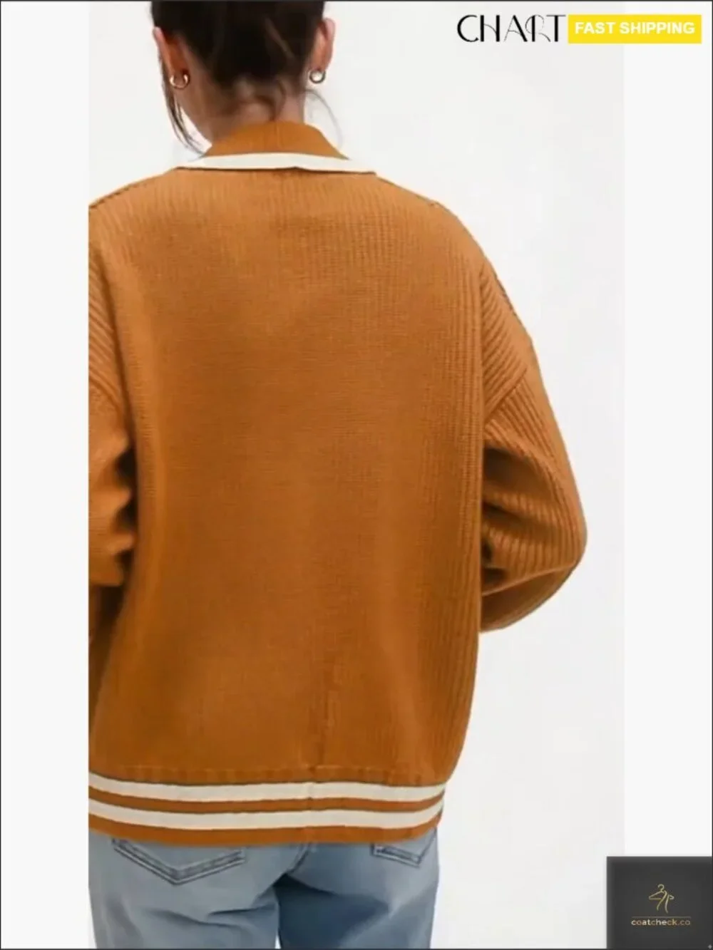 Oversized Zip Up Cardigan Sweater Women Casual Knit Outerwear Contrast Trim - Picture 7 of 7